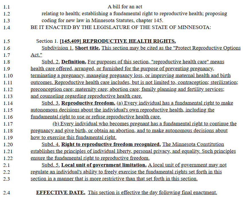 A screenshot of HF1 showing the entirety of the bill.